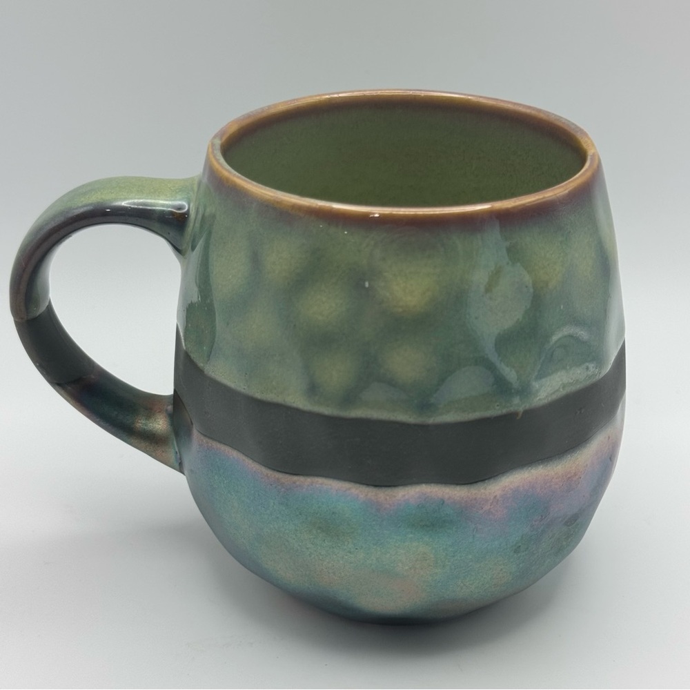 La Rochelle Iridescent Art Pottery Mug Green Oil Slick Glaze Rustic Studio Style